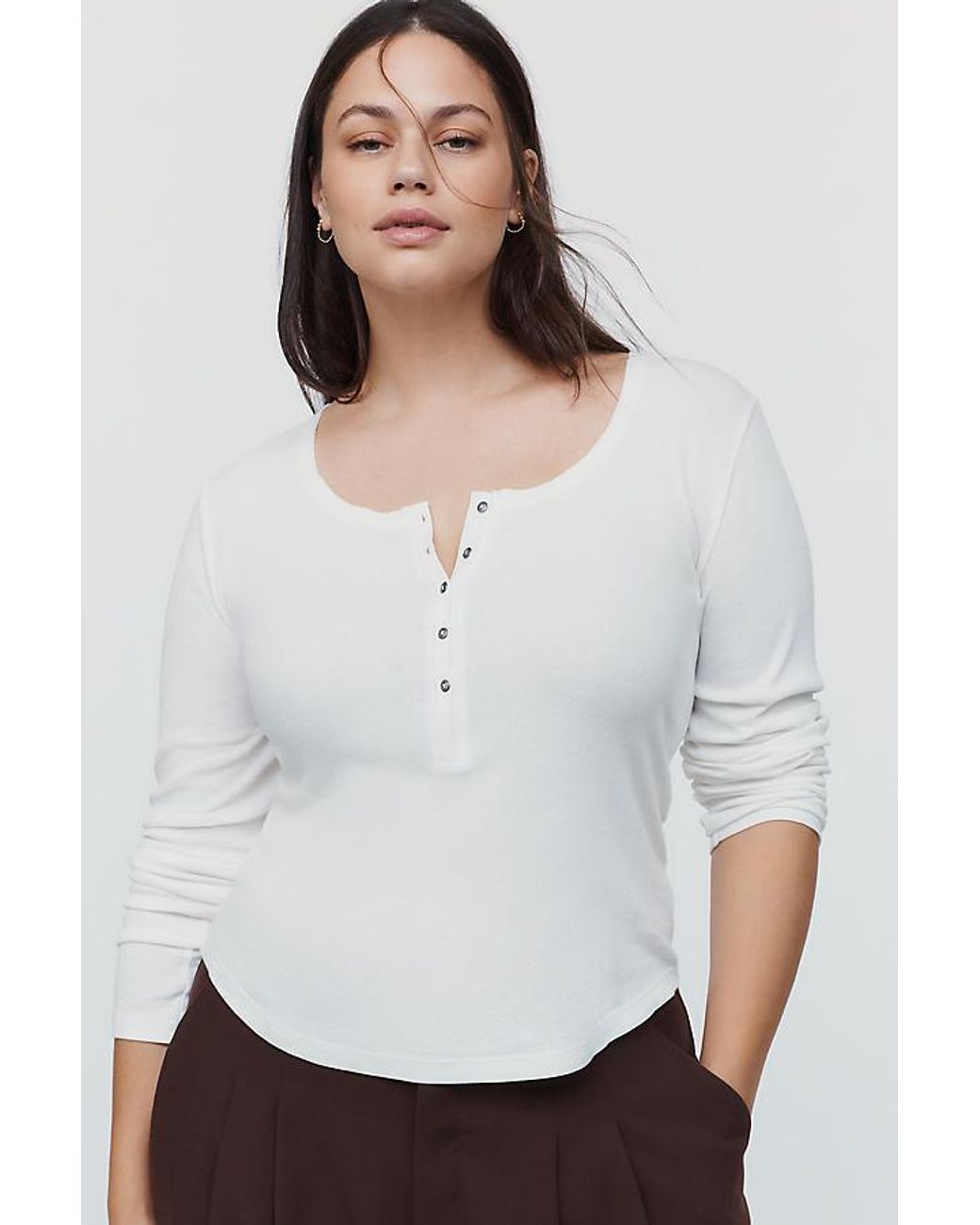Pilcro White Ribbed Long-Sleeve Henley Top