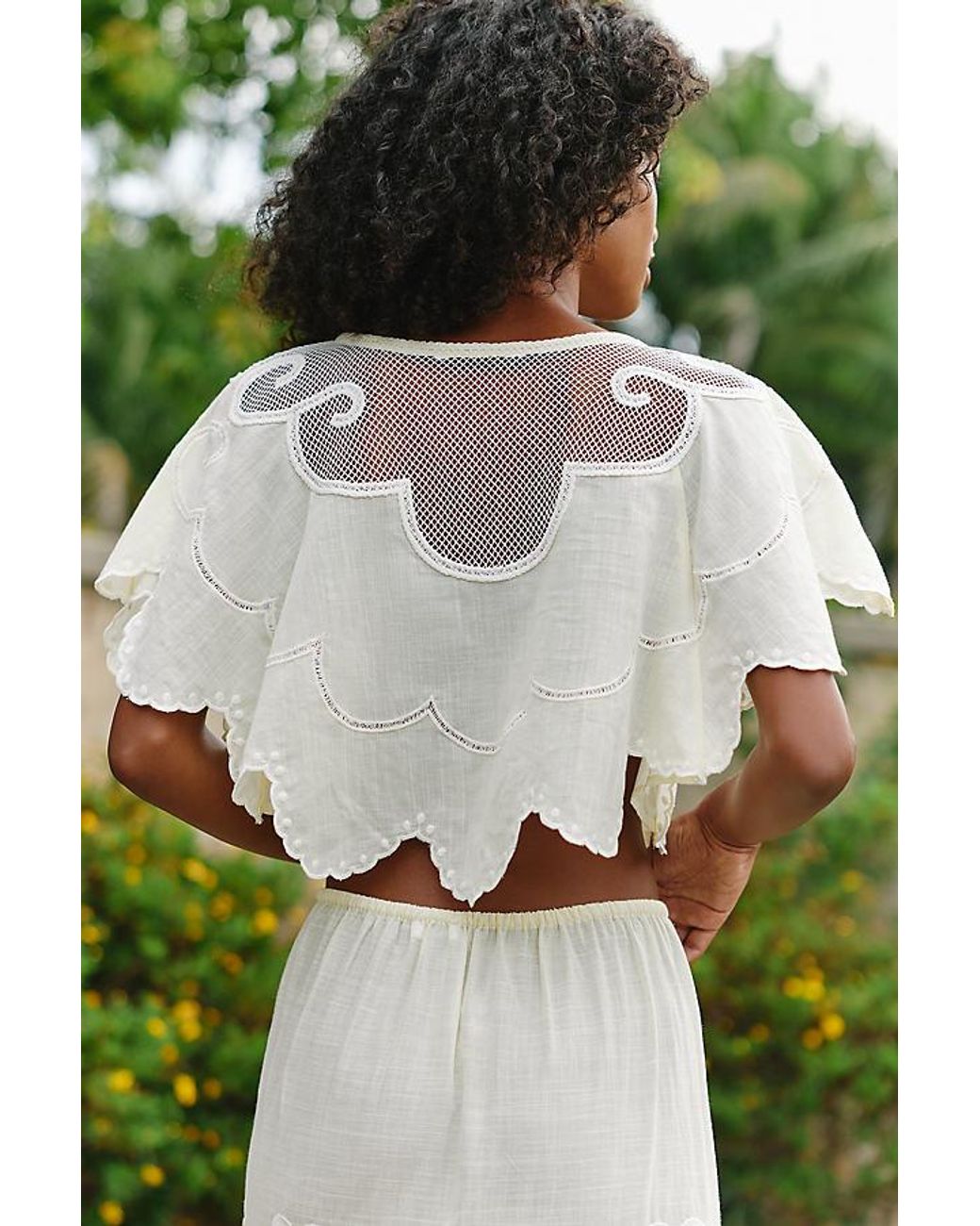 Celandine Green 100% Cotton Scalloped Cape Blouse