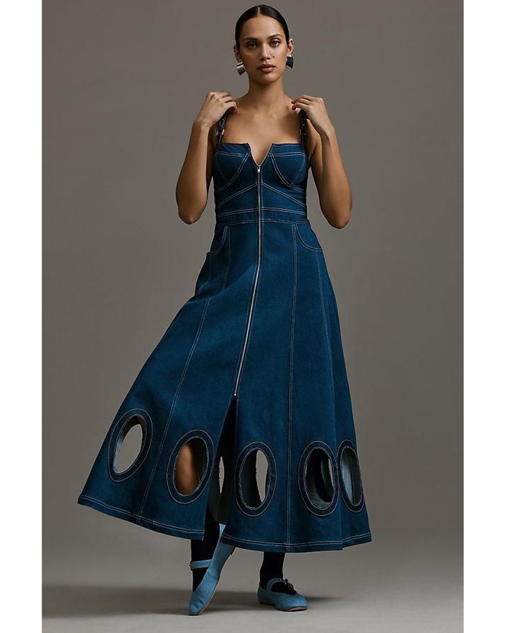 white christmas dresses Square Neck Tie Shoulder Denim Dress Dusty Blue / XL