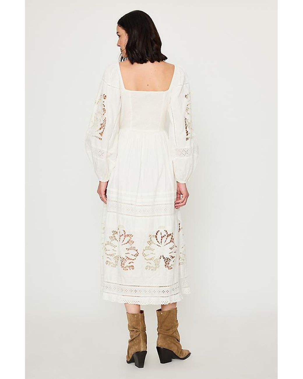 Bl-nk Natural Cutwork Long-Sleeve 100% Cotton Midi Dress