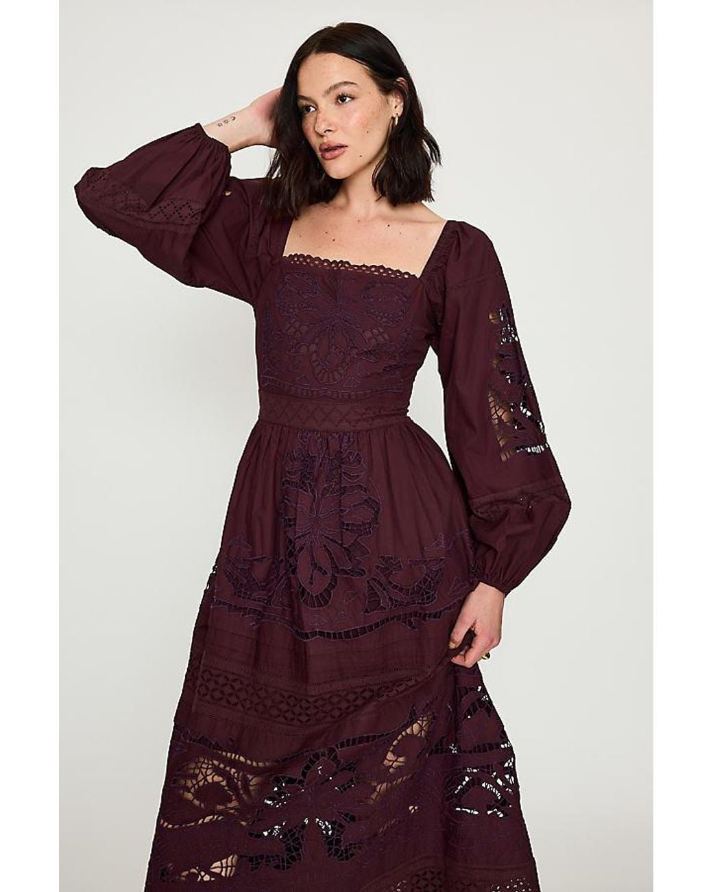 Bl-nk Purple Cutwork Long-Sleeve 100% Cotton Midi Dress