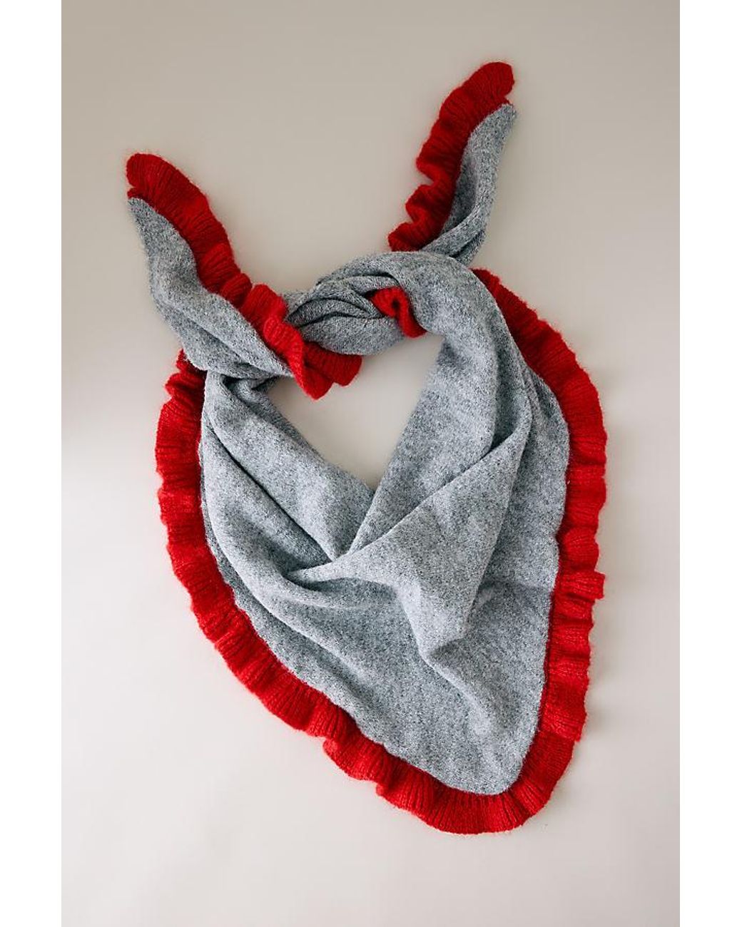 By Anthropologie Red Large Frill-Edge Knit Triangle Scarf