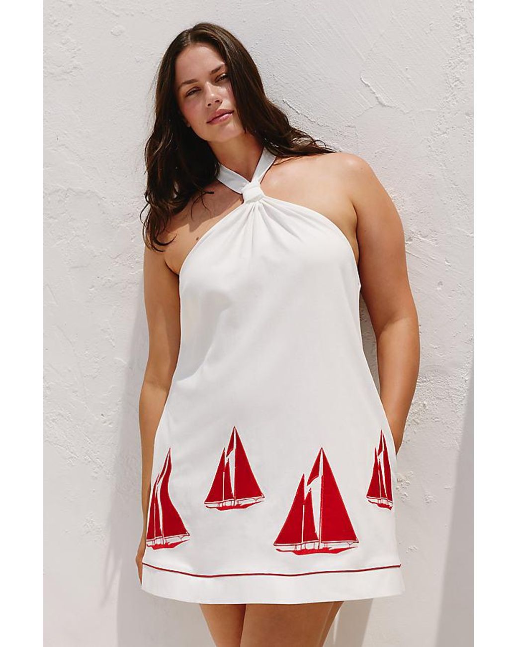 Celandine White Embroidered Sailboat Halter Mini Dress