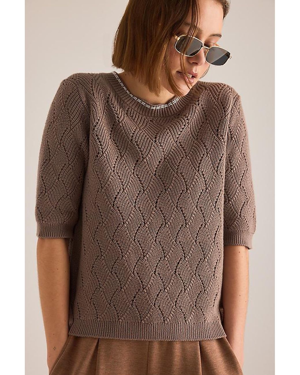 Varley Brown Agathe Pointelle Knit Top