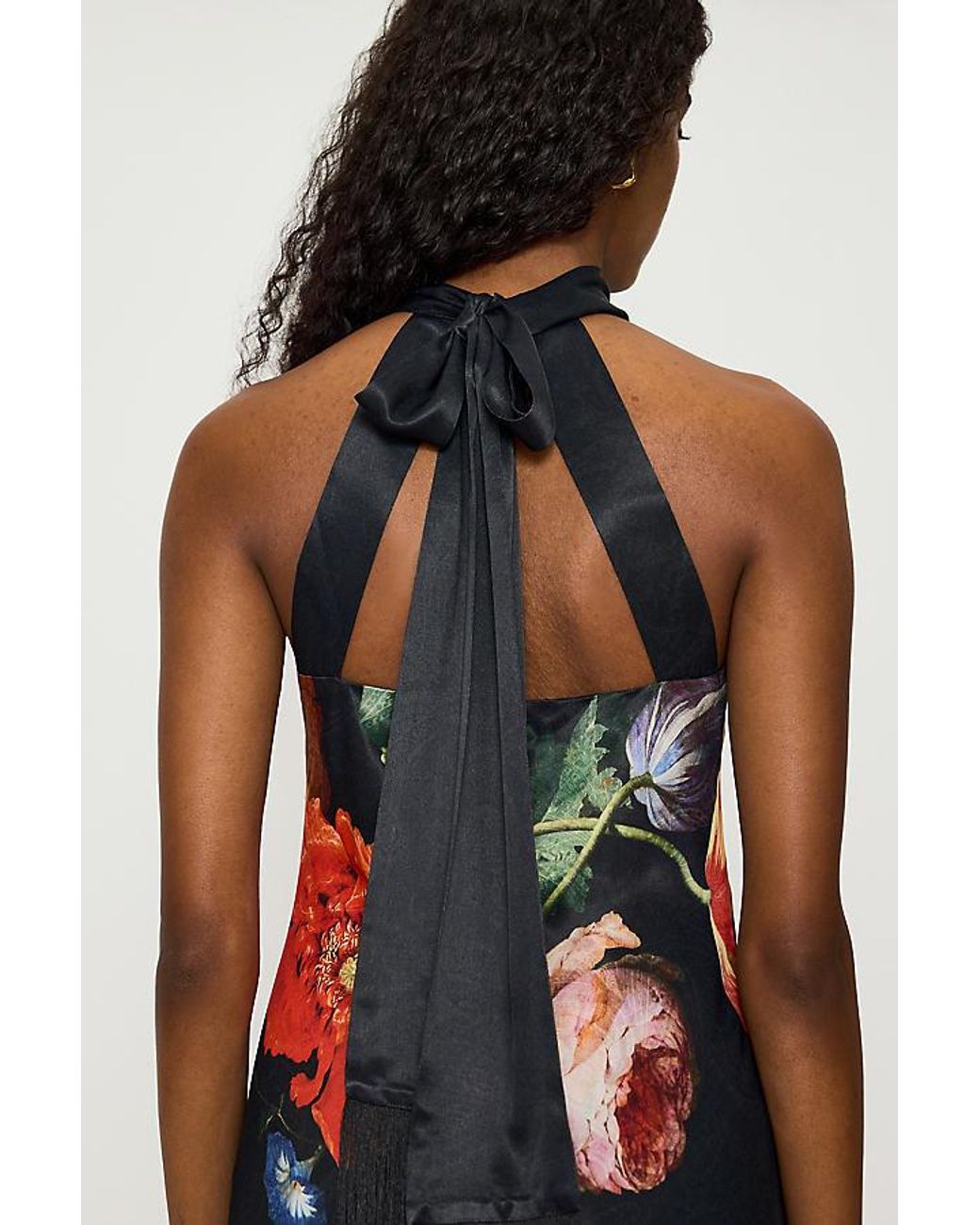 By Anthropologie Multicolor Floral Satin Halter Tassel Maxi Dress