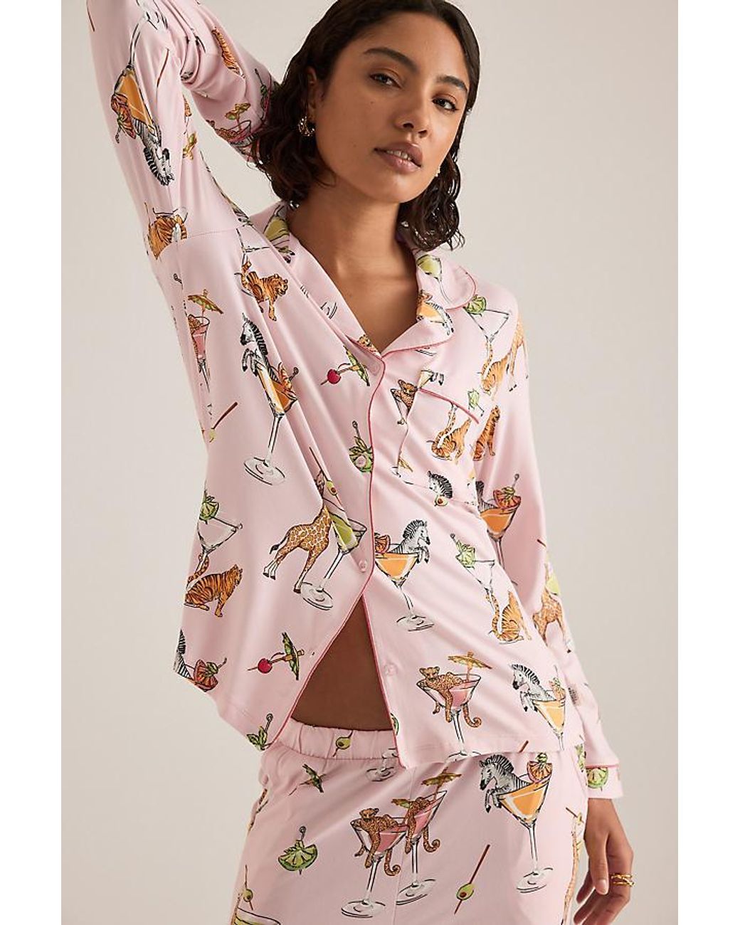 Chelsea Peers Pink Organic Cotton Martini Animal Print Long Pyjama Set