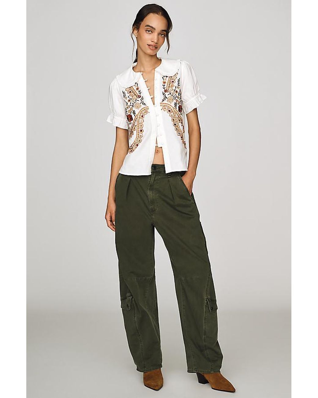 Pilcro Natural The Keira Collared Button-Front Blouse By Embroidered Edition