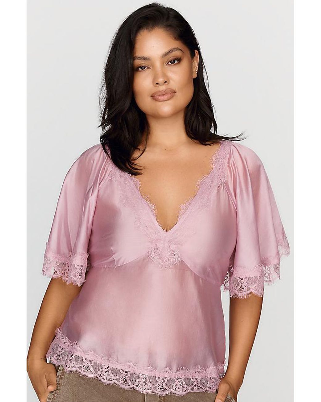 By Anthropologie Pink Silken Lace Blouse