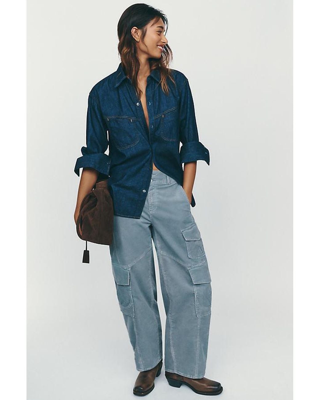 Pilcro Blue Aero Corduroy Wide-Leg Cargo Pants By