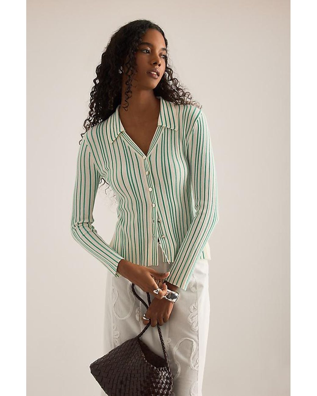 laagam Natural Giulia Stripe Collared Cardigan