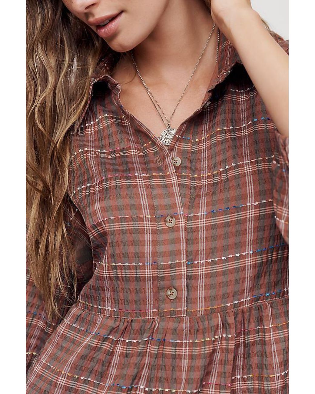 Maeve Brown The Bettina Tiered Plaid Mini Shirt Dress By