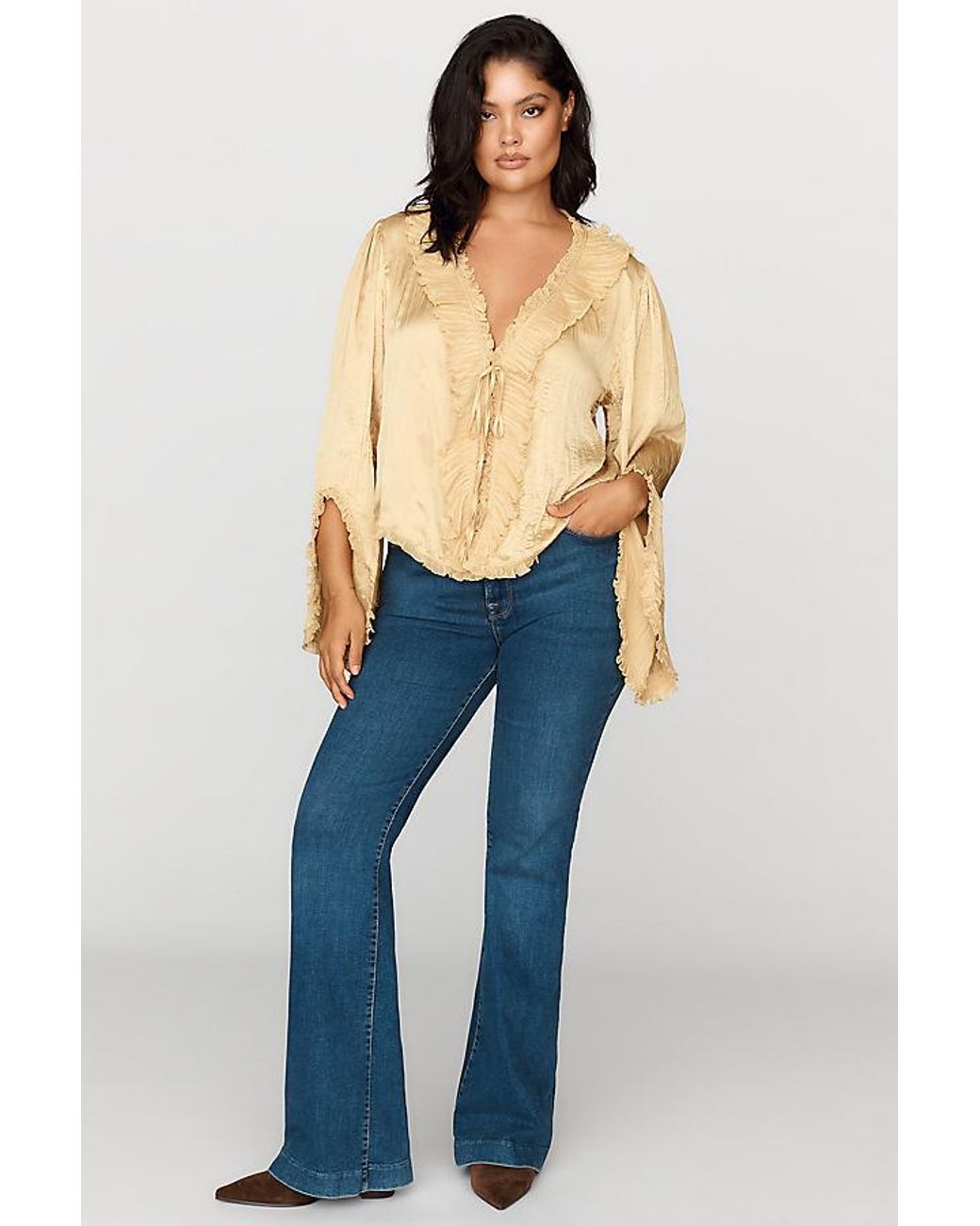 By Anthropologie Natural Mariana Satin Ruffled Tie-Front Blouse