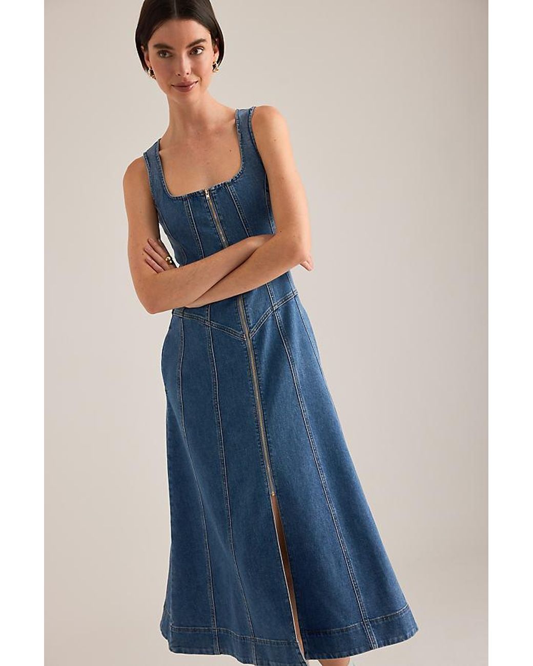 Pilcro Blue Denim Zip-Front Midi Dress