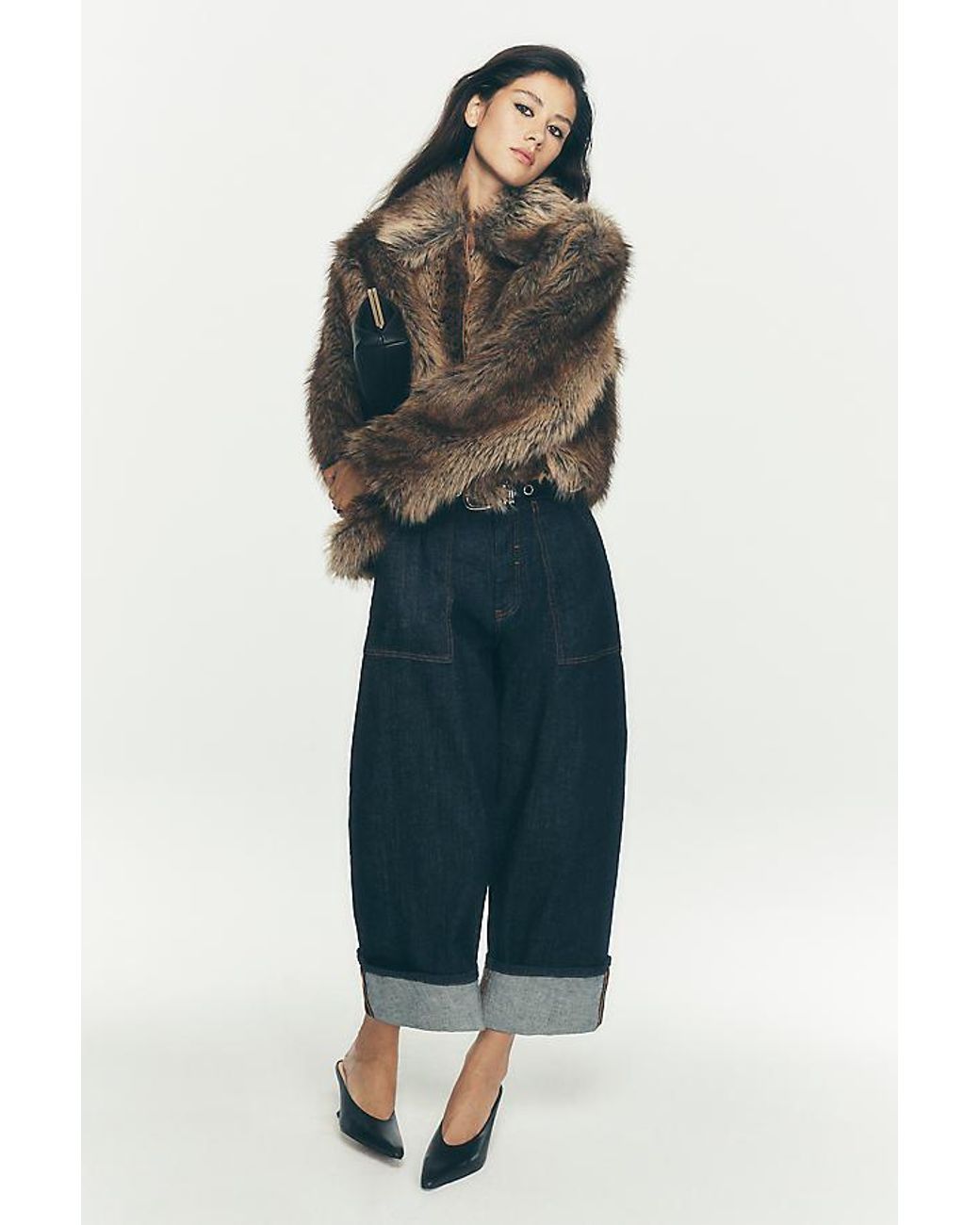 Maeve Brown Cropped Faux-Fur Coat
