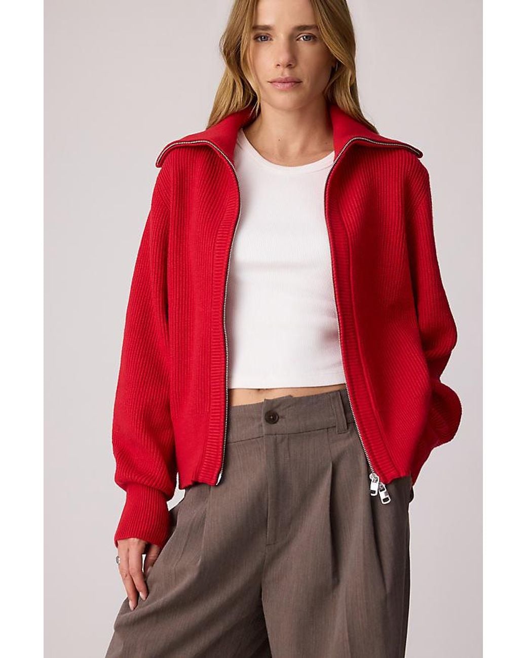 Varley Red Enrico Zip-Front Knit Jacket