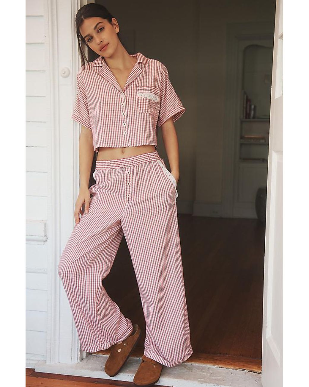 By Anthropologie Gingham Short sleeve Boxy Pyjama Top in Pink Lyst UK