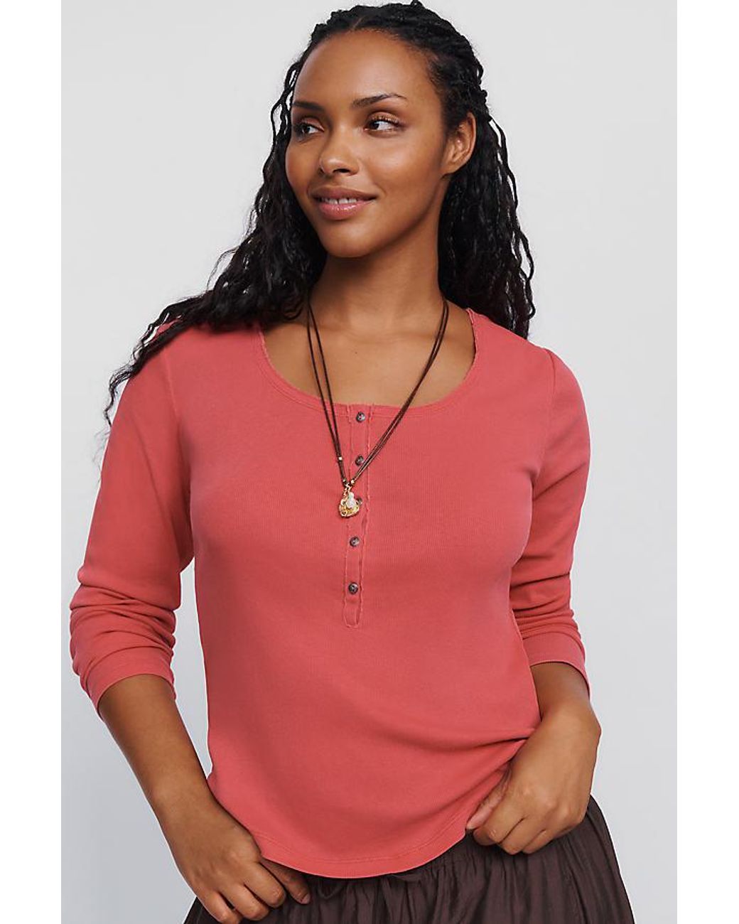 Pilcro Red Ribbed Long-Sleeve Henley Top