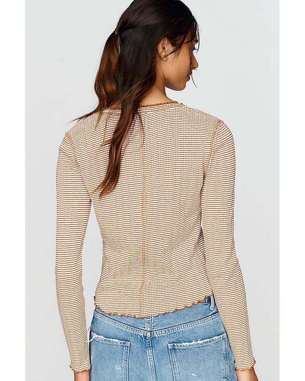 Pilcro Blue Long-Sleeve Ruffled Lace-Trim Top