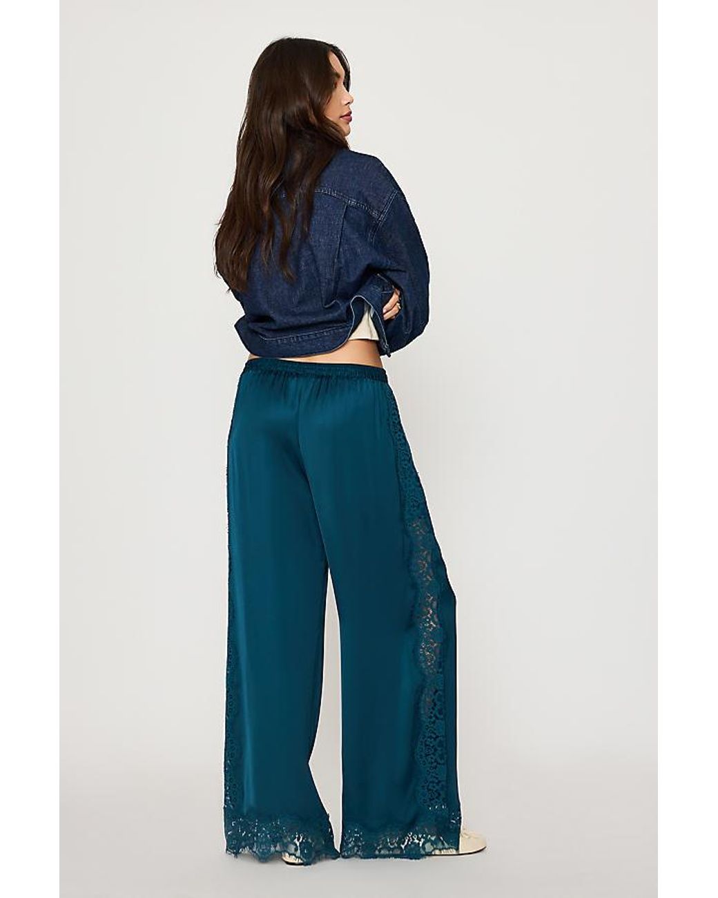 By Anthropologie Blue Satin Lace Wide-Leg Trousers