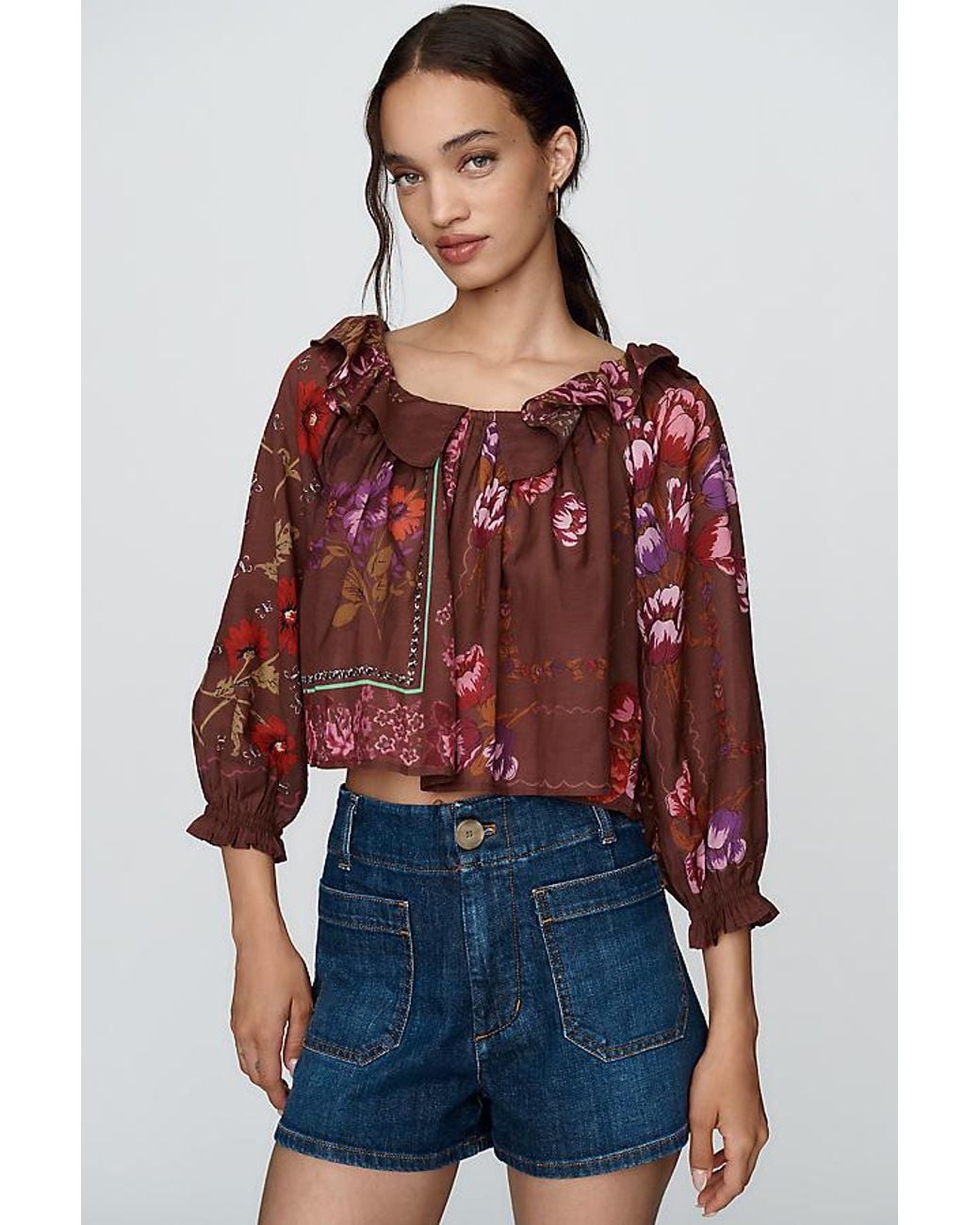 By Anthropologie Red Cotton-Blend Puff Sleeved Cropped Blouse