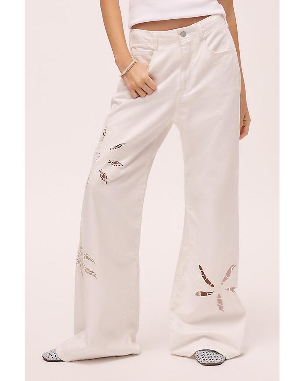 Pilcro Natural The Adi Mid-Rise Relaxed Wide-Leg Embroidered Jeans By