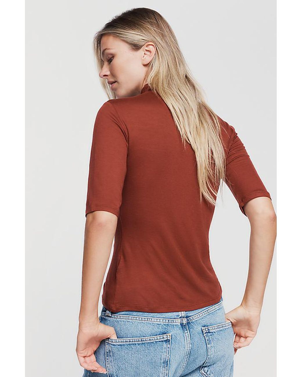 Pilcro Red Hartley Wool-Blend Tissue Weight Mock-Neck Top