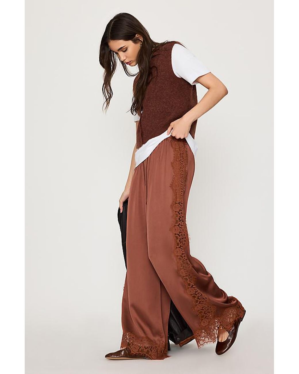 By Anthropologie Brown Satin Lace Wide-Leg Trousers