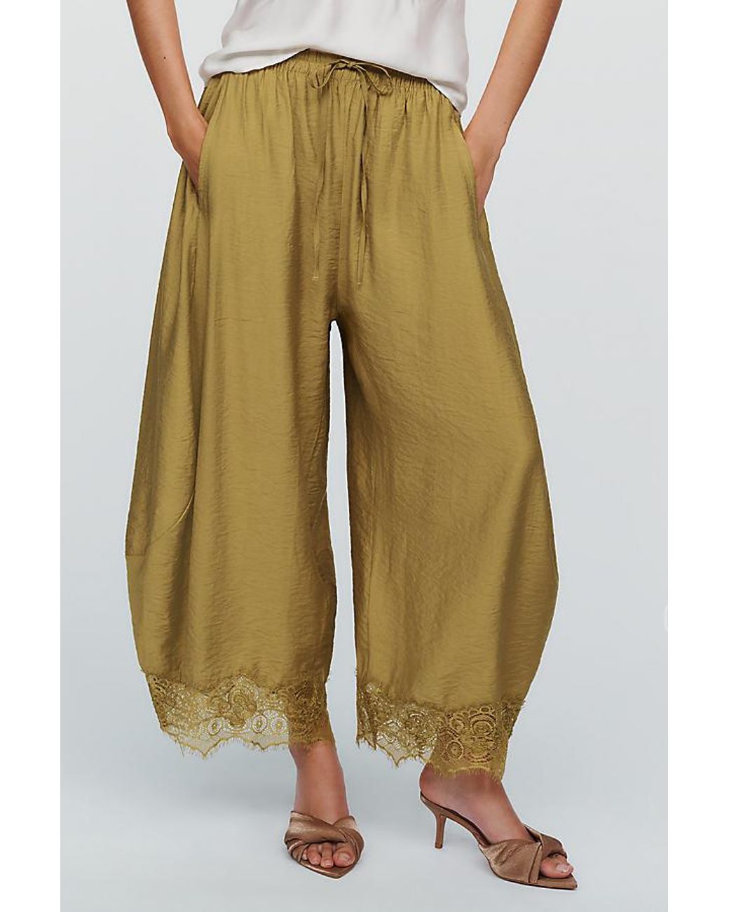 By Anthropologie Natural Reverie Cropped Lace-Hem Trousers