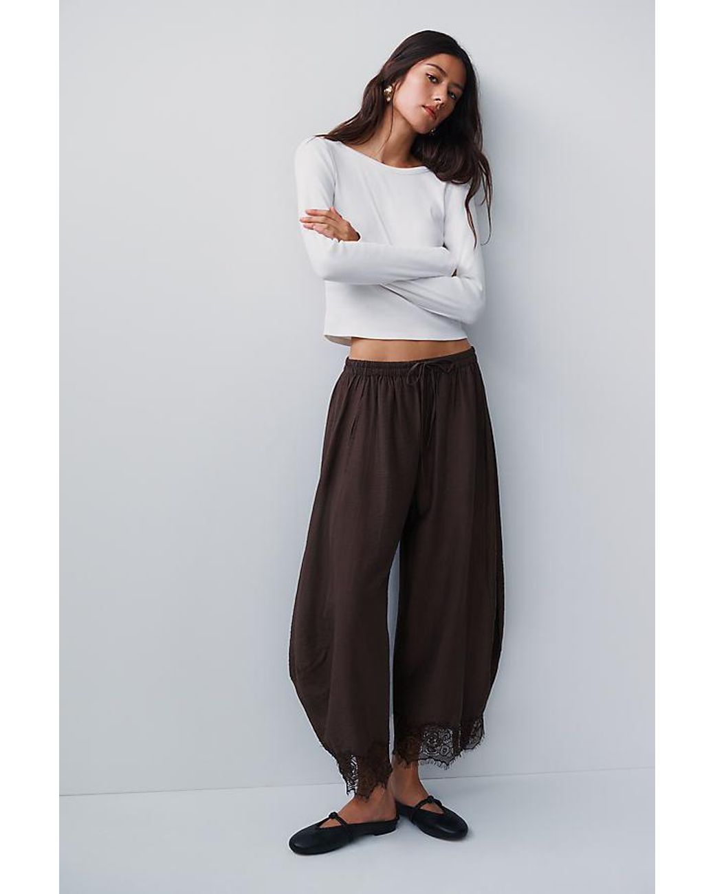 By Anthropologie White Reverie Cropped Lace-Hem Trousers