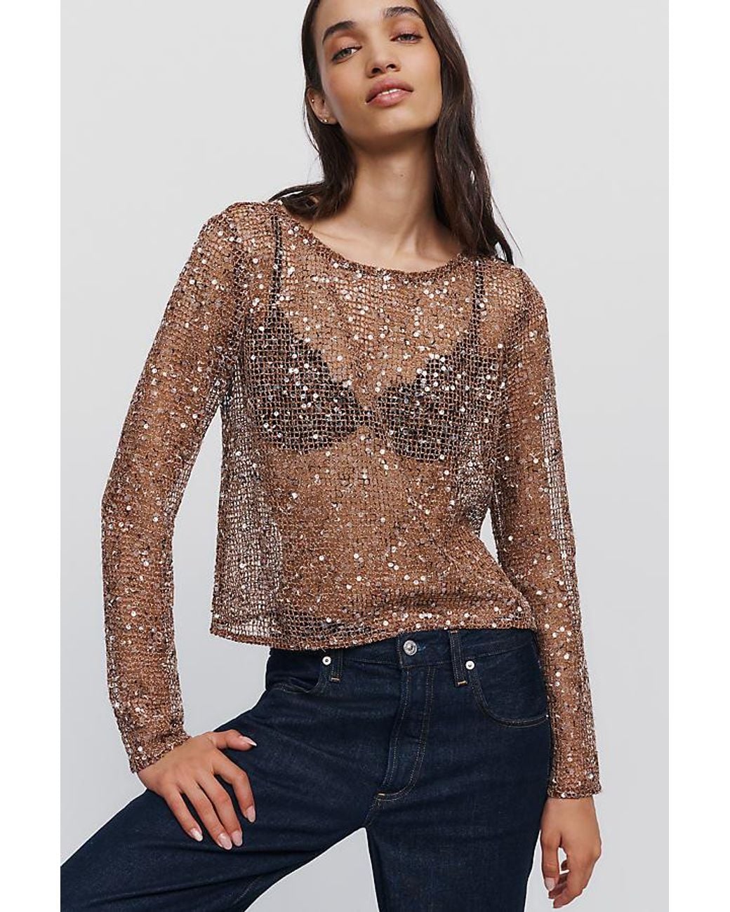 By Anthropologie Blue Sheer Sequin Crew-Neck Top