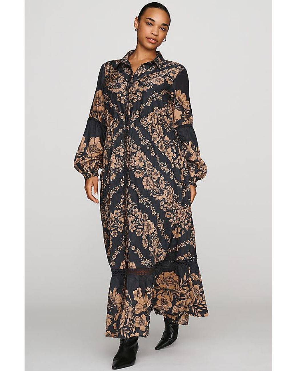 By Anthropologie Black Printed Buttondown Maxi Shirt Dress