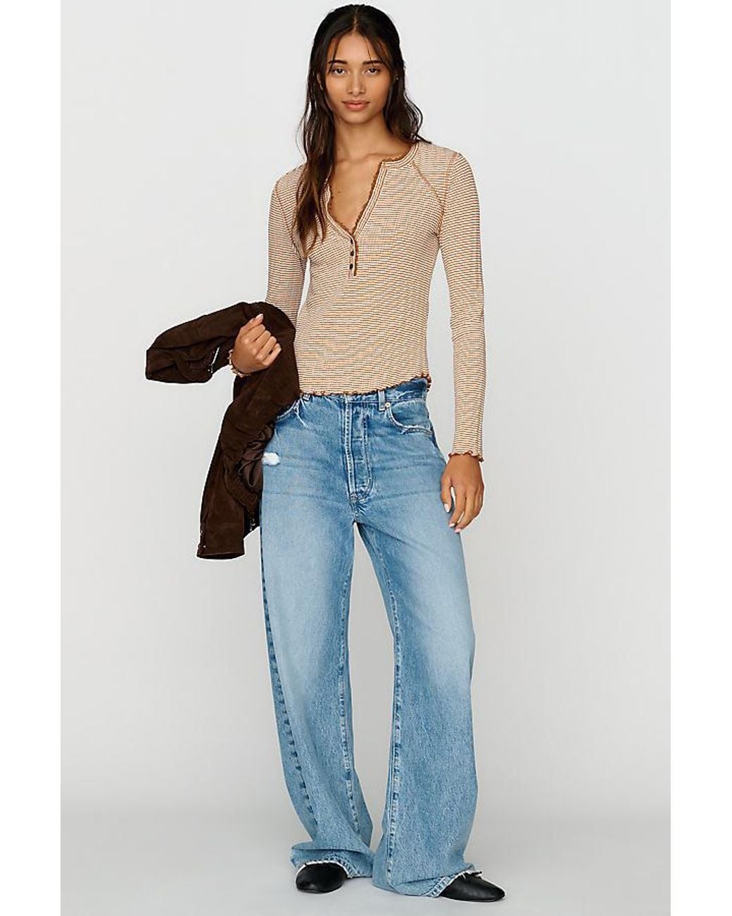 Pilcro Blue Long-Sleeve Ruffled Lace-Trim Top