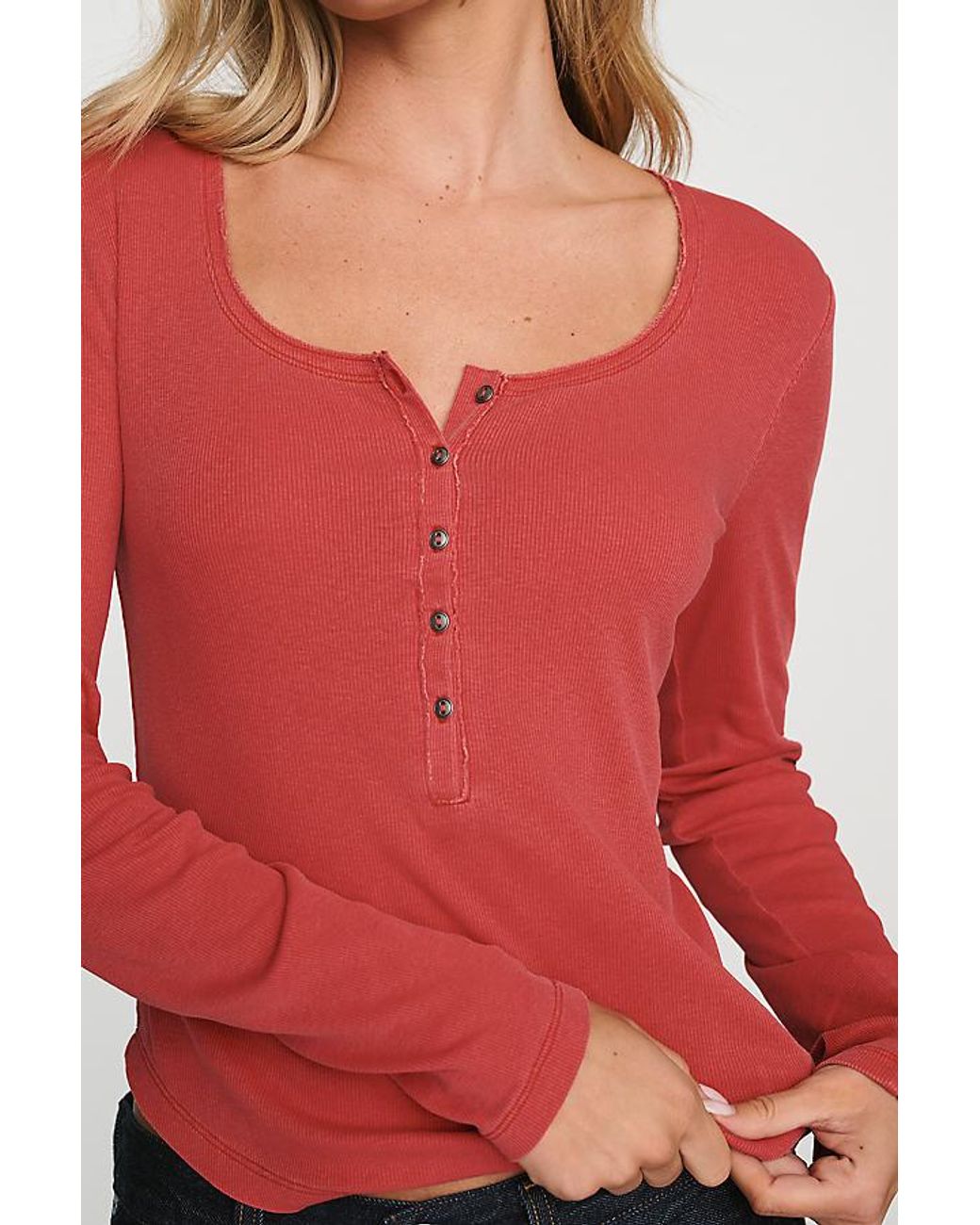 Pilcro Red Ribbed Long-Sleeve Henley Top