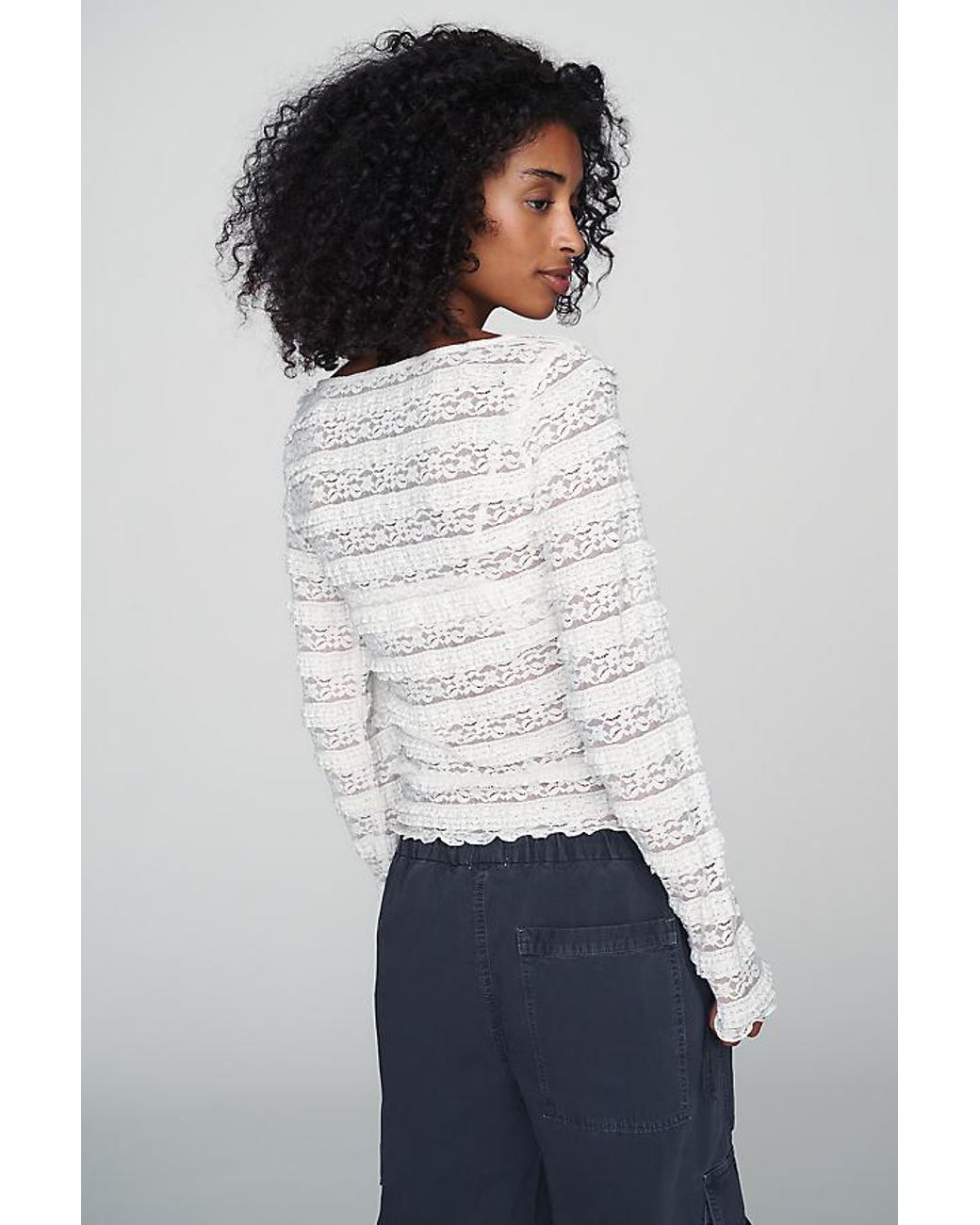 By Anthropologie White Square-Neck Lace Long-Sleeve Top