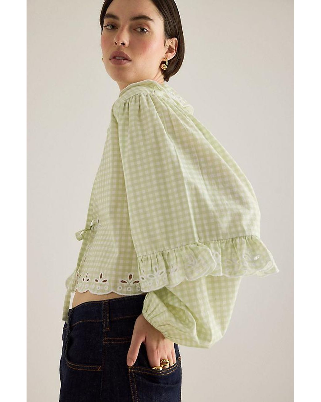 By Anthropologie Natural Gingham Tie-Front Blouse