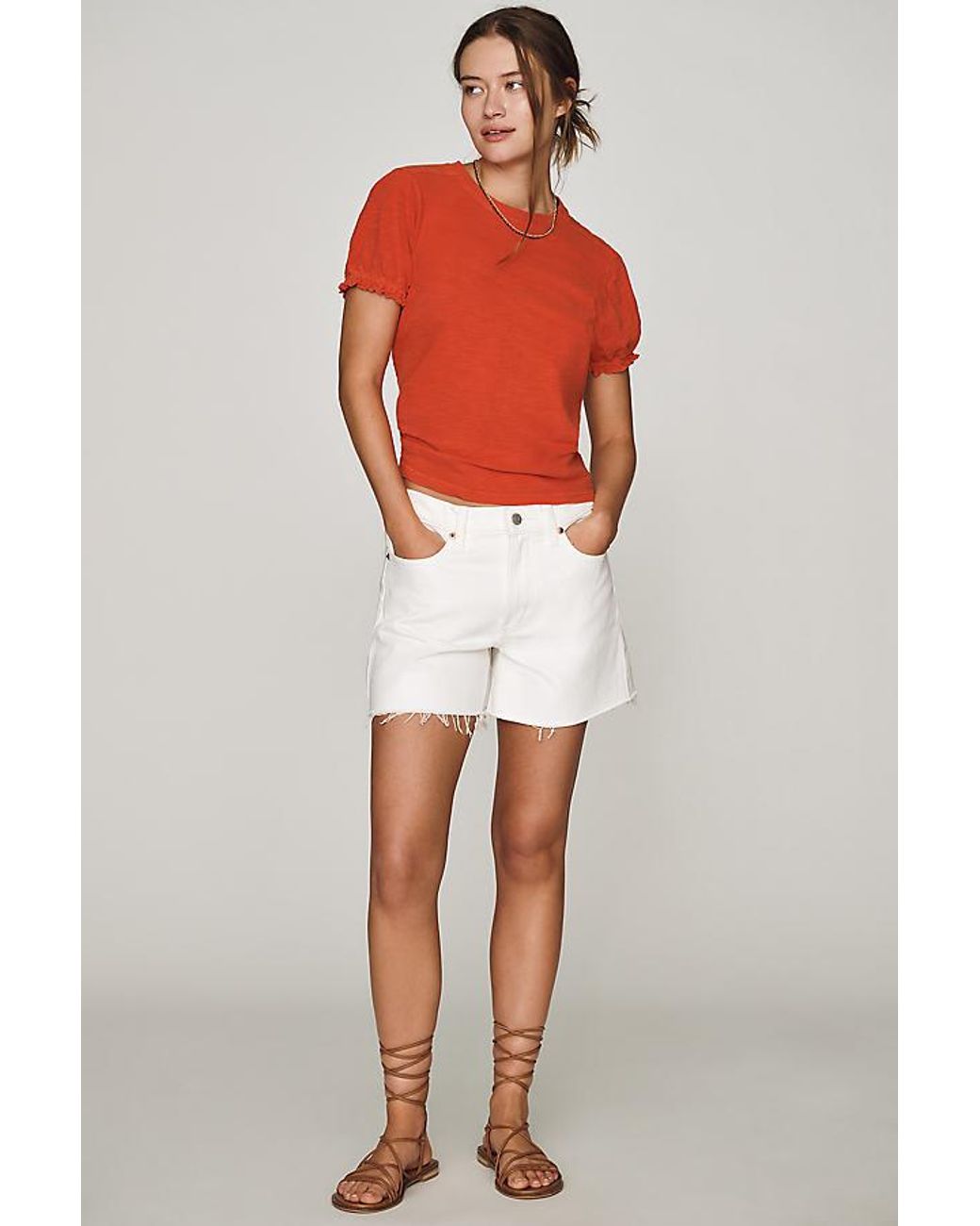 Pilcro Pink The Bennie Cotton-Slub Crew-Neck T-Shirt By Puff-Sleeve Edition