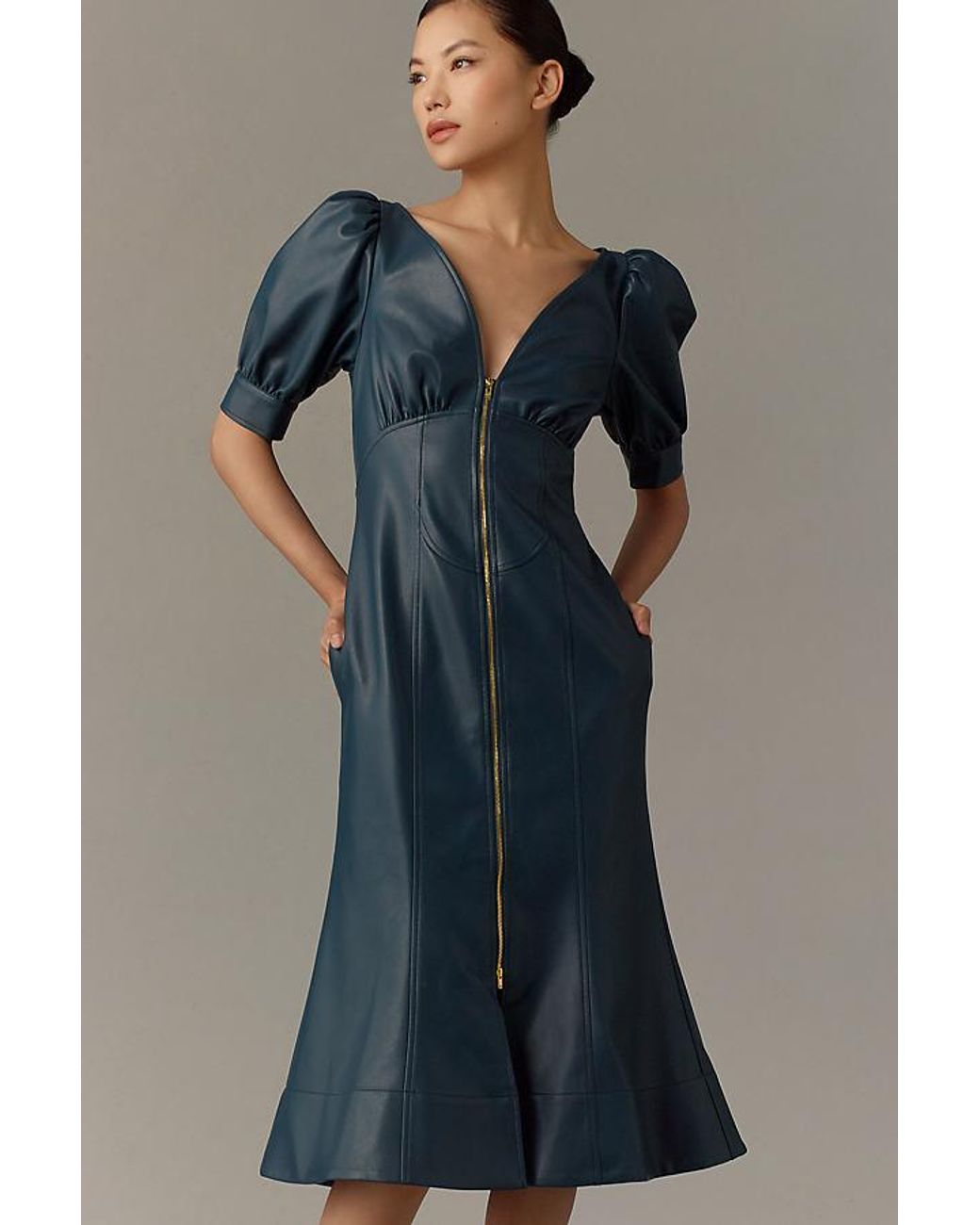 By Anthropologie Faux Leather Puff-Sleeve Zip-Front Midi Dress in Blue |  Lyst UK