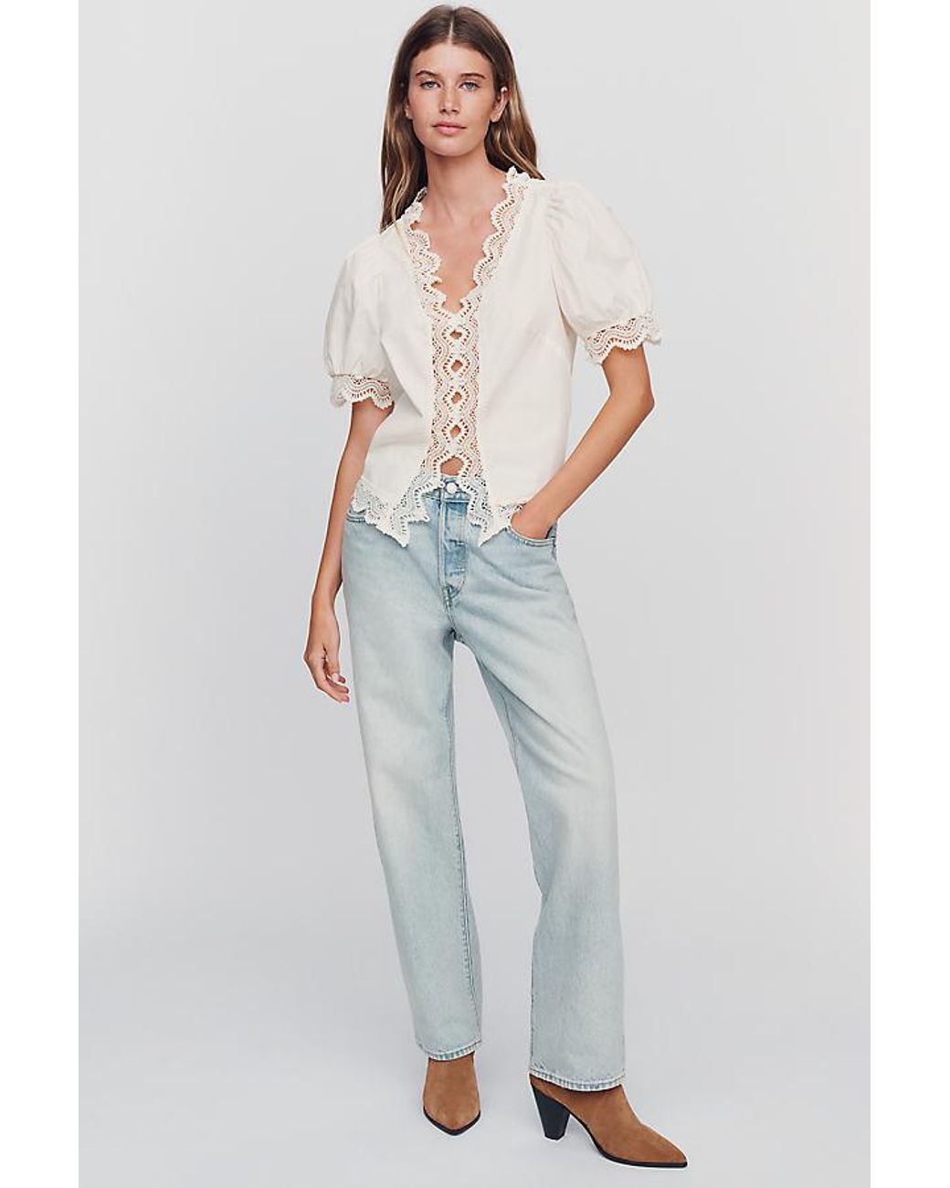 By Anthropologie White 100% Cotton Lace Detail Blouse