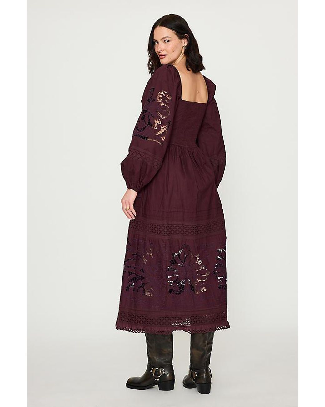 Bl-nk Purple Cutwork Long-Sleeve 100% Cotton Midi Dress