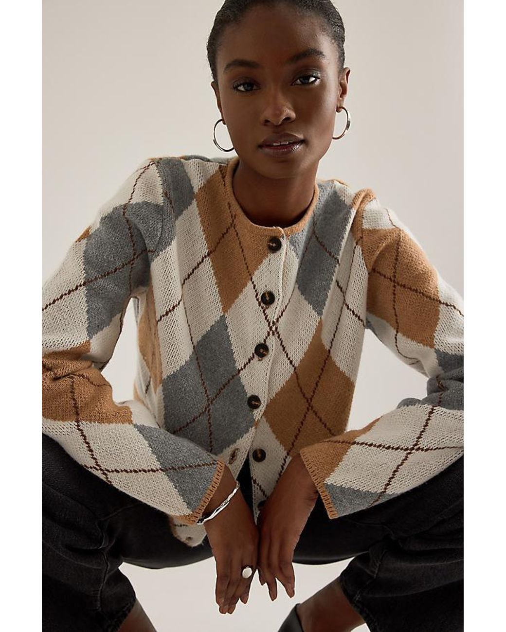 ALIGNE White Aggie Merino Argyle Fuzzy Cardigan