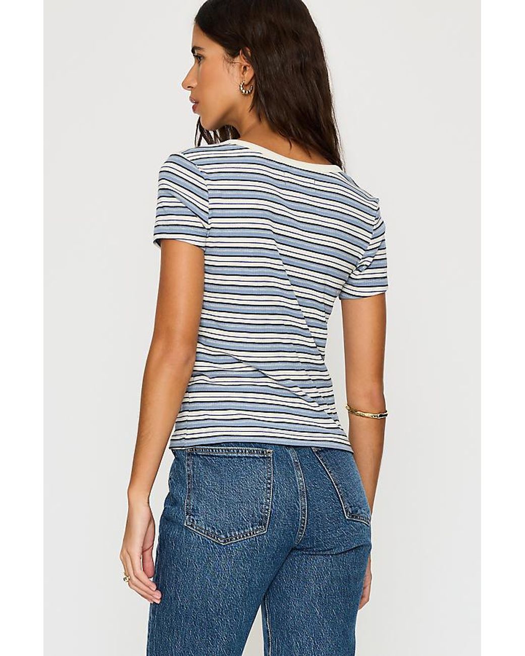 By Anthropologie Blue Scoop-Neck Stripe Ribbed Top