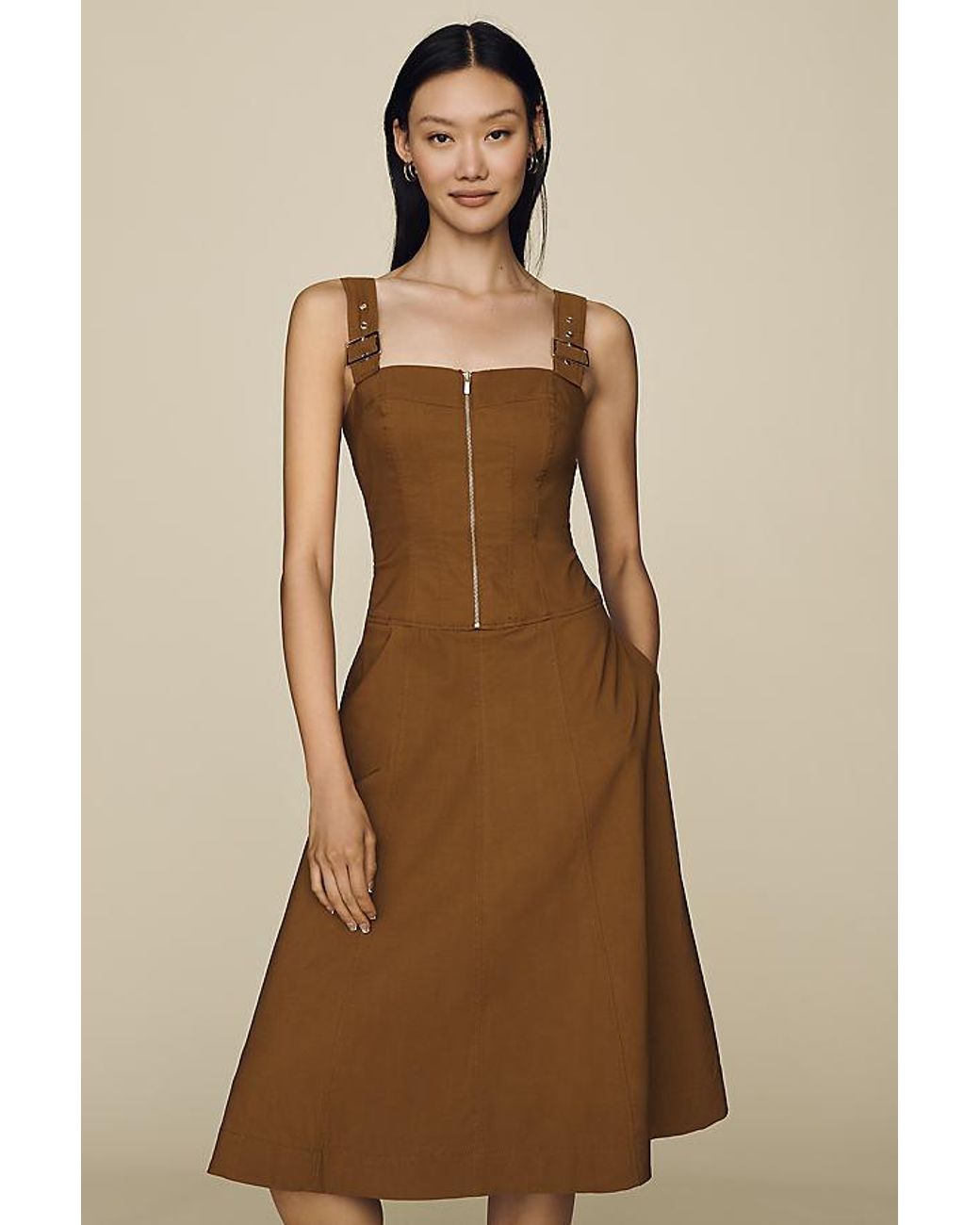 Maeve Natural Hardware A-Line Zip-Front Midi Dress