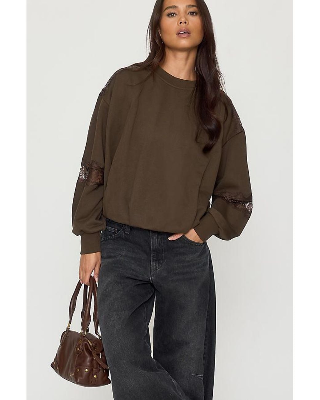 By Anthropologie Brown Lace Trim Sweatshirt