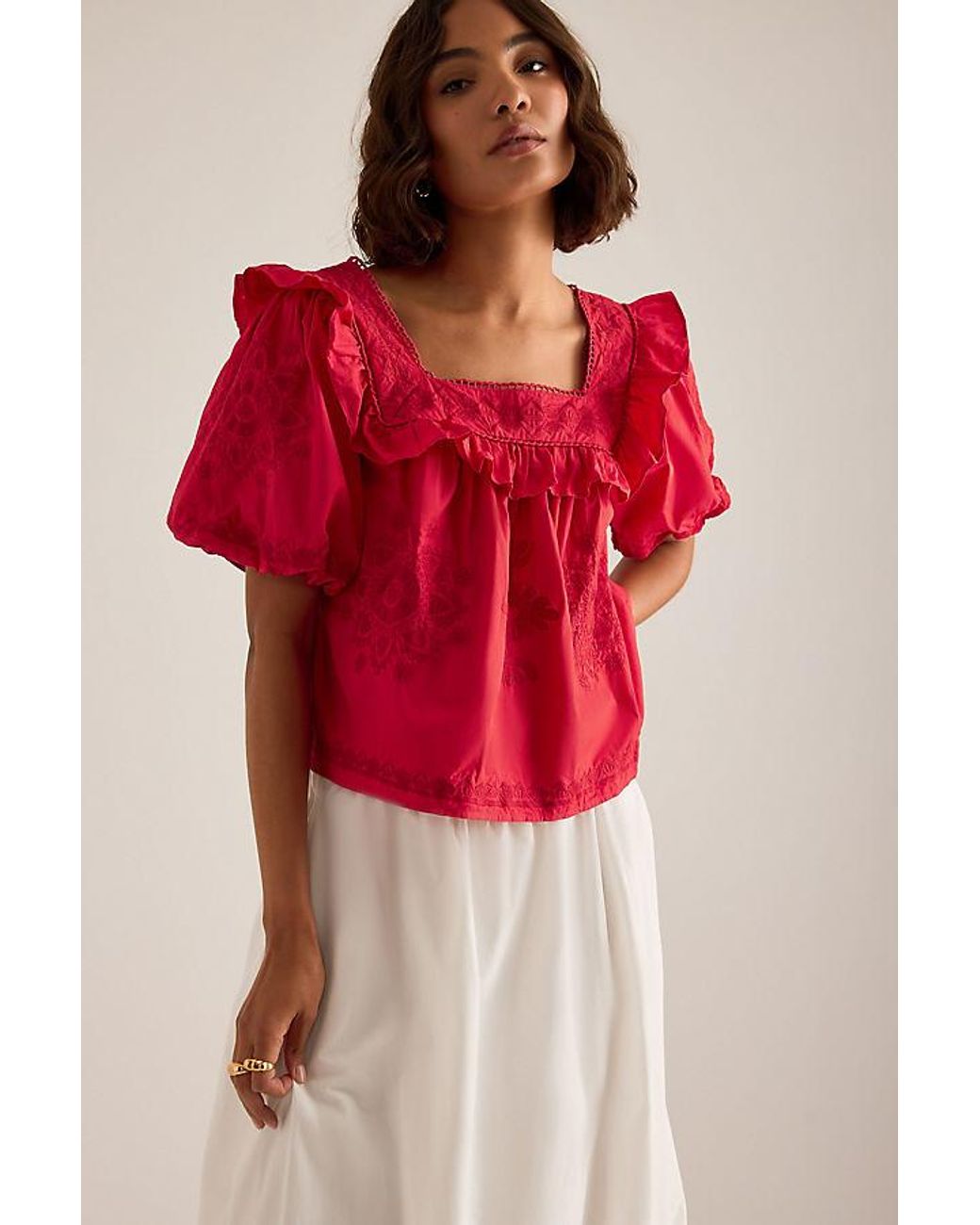 By Anthropologie Ruffle Puff-Sleeve Embroidered Blouse