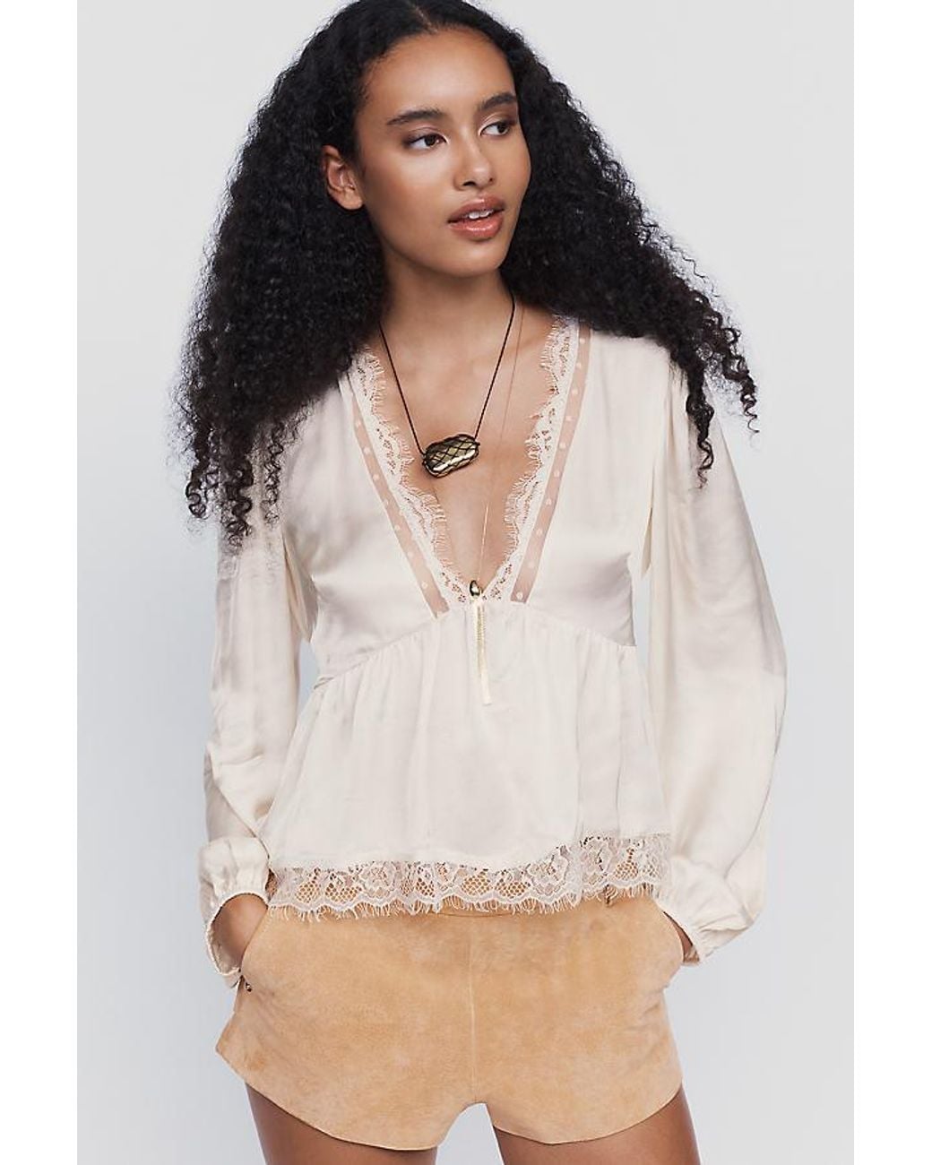By Anthropologie Natural Satin Lace Trimmed Plunge Blouse