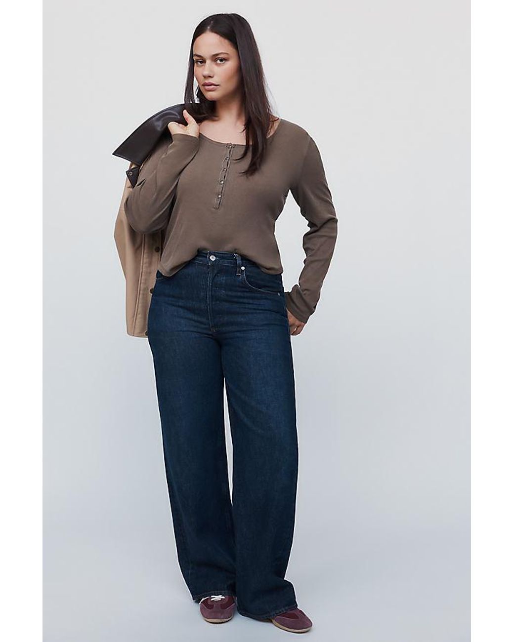 Pilcro Brown Ribbed Long-Sleeve Henley Top
