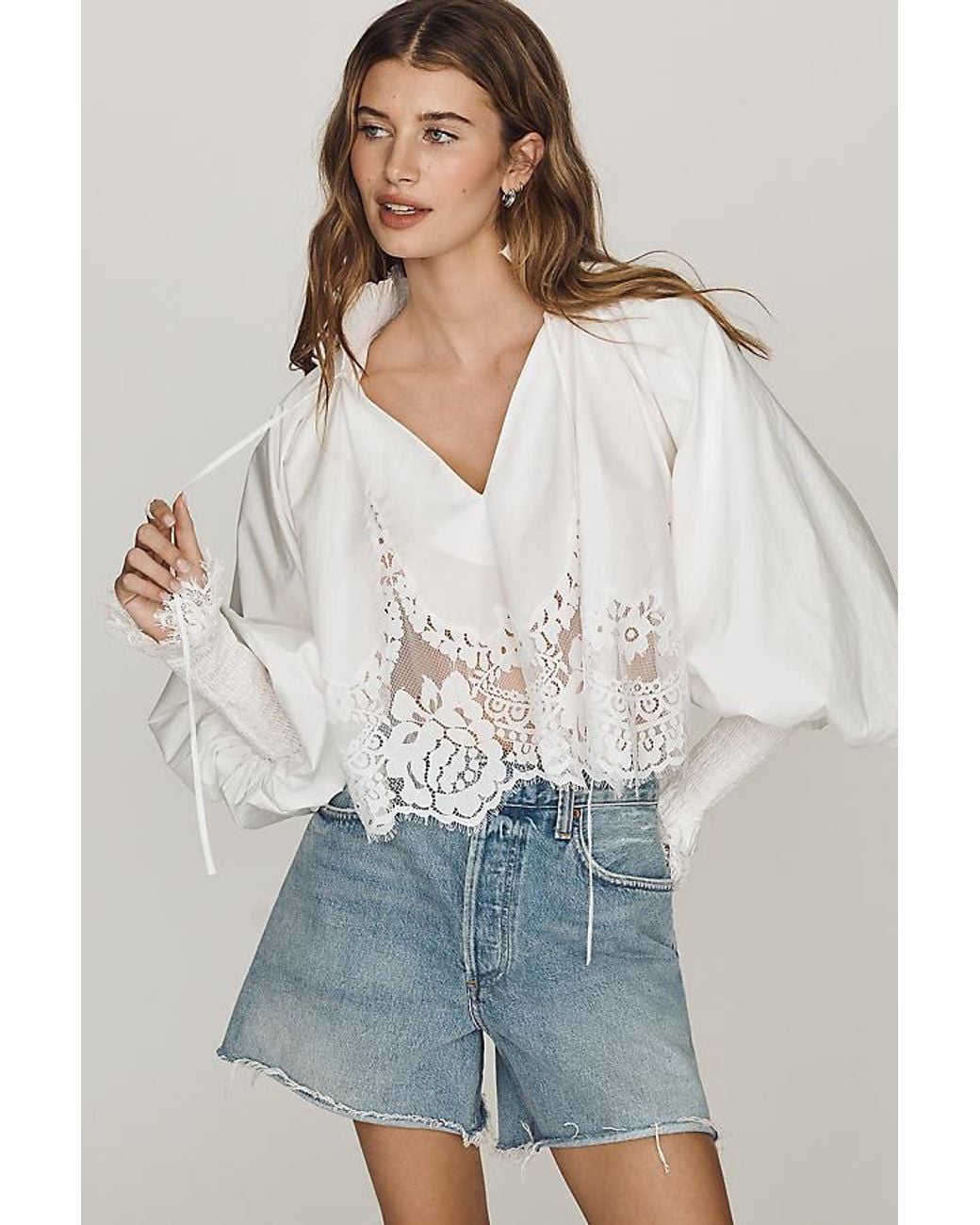Mare Mare White Lace Inset Long-Sleeve Blouse