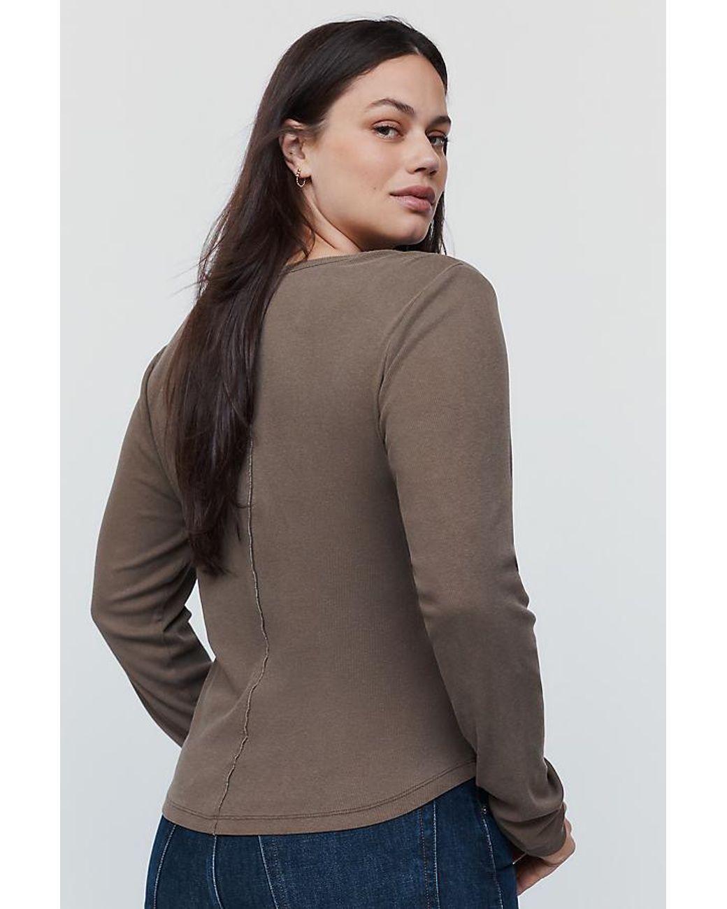 Pilcro Brown Ribbed Long-Sleeve Henley Top
