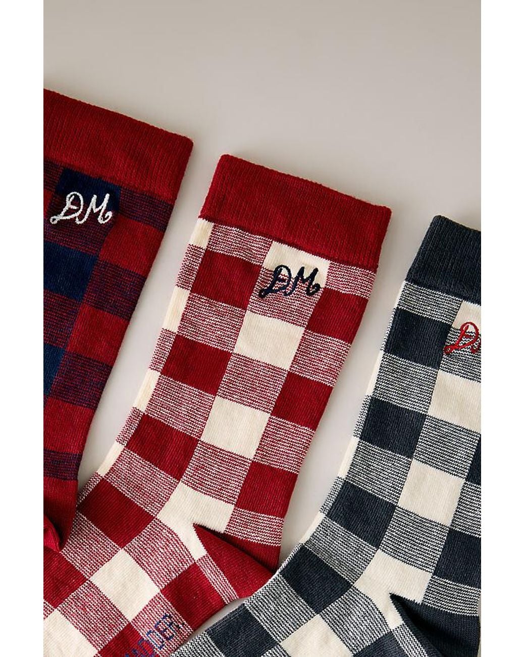 Damson Madder Red Mixed Gingham Socks, 3 Pack