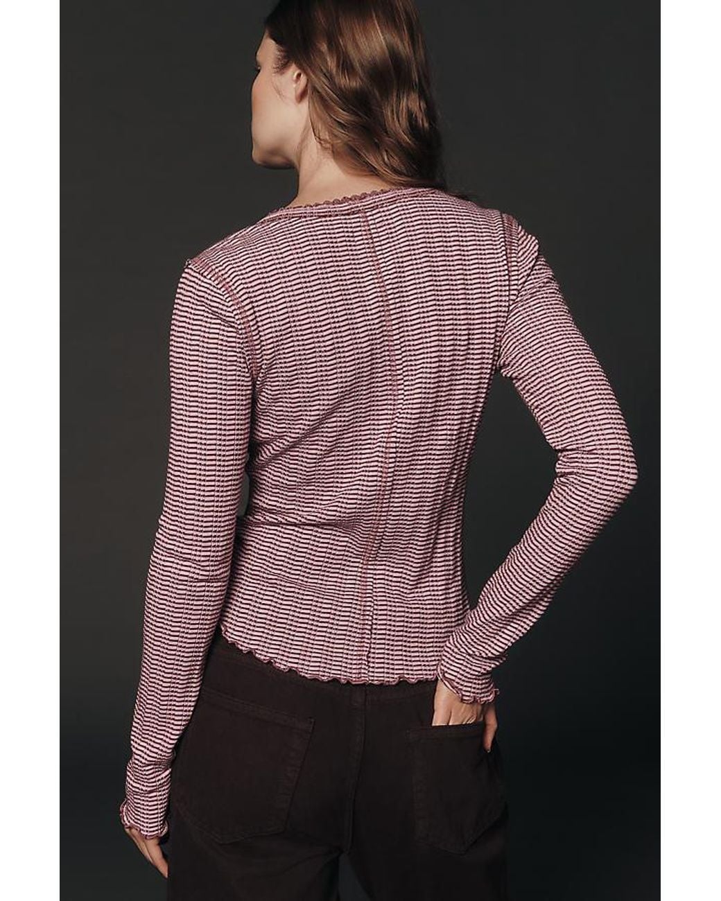 Pilcro Brown Long-Sleeve Ruffled Lace-Trim Top